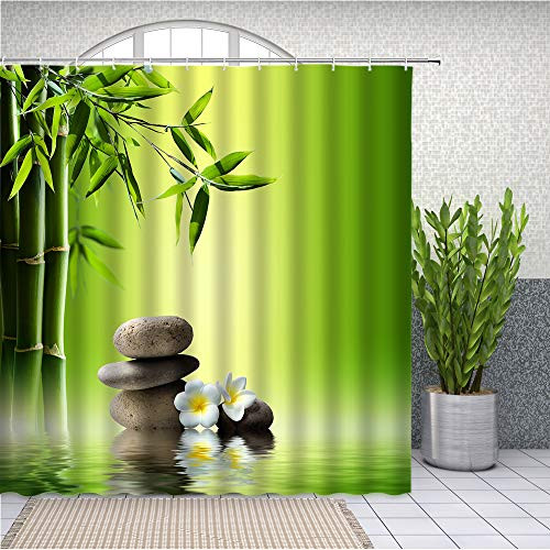 Zen Garden Shower Curtains Spa Green Bamboo Stone White Flower Water Landscape Bathroom Decor Polyester Cloth Curtain Set 70 X 70 Inch with Hooks