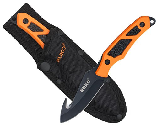 Ruko RUK0155BZ Gut Hook Skinning Knife with Handle & Black Nylon Sheath, 8", Blaze Orange