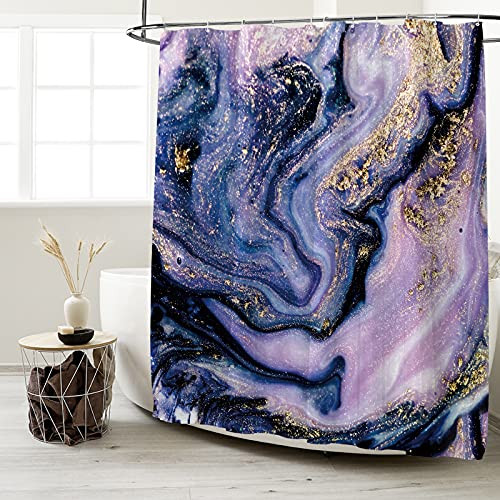 Seasonwood Texture Shower Curtain Set with 12 Hooks Purple Gold Glitter Abstract Marble Splatter Gouache Painting Bathroom Bathtubs Decor Easy Care Waterproof Washable Durable Polyester Fabric 72"x72"