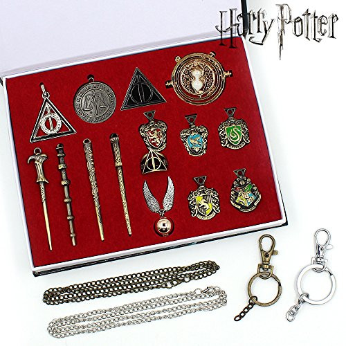 YOCOM 15Pcs/Set Harry Potter Mini Magic Wands Toy for Kids Deathly Hallows Hogwarts Wands Golden Snitch Time Turner Metal Pendants+Rings+Necklace+Keychain+Gift Box