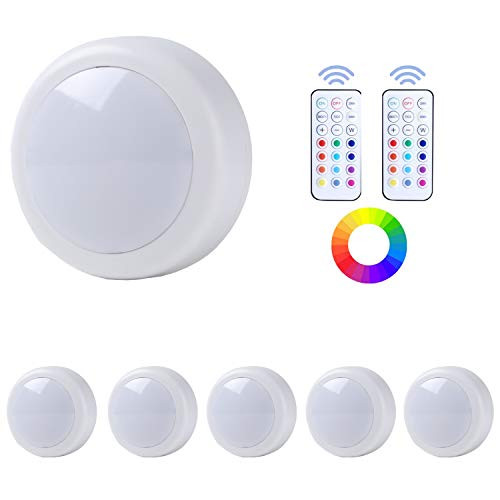SANXIULY Wireless Puck Lights with Remote Control ?RGB Led Under Cabinet Lighting Battery Operated?Stick on Light with Color Changing Dimmer and Timer Touch Push Tap Lights 6 Pack