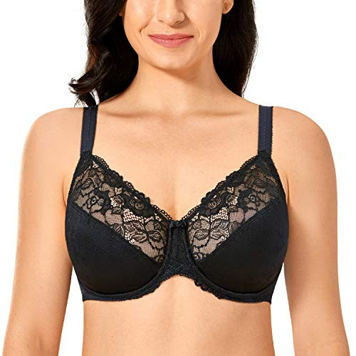 DELIMIRA Women's Full Coverage Underwire Unlined Lace Sheer Plus Size Minimizer Bra Black 36F
