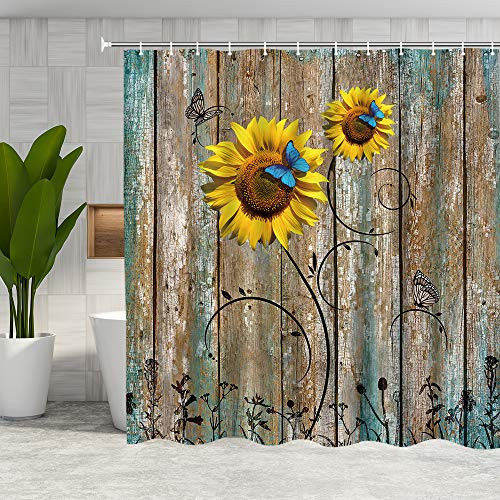 DMTTY Rustic Floral Shower Curtain Sunflower Shower Curtain Set Spring Blue Butterfly Bathroom Curtain Farmhouse Wooden Plank Country Fabric Shower Curtain Machine Washable with Hooks