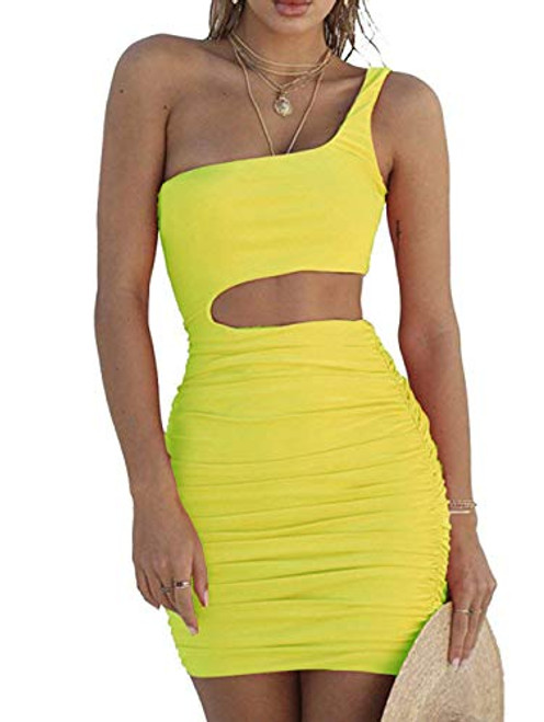 PRIMODA Women's Sexy One Shoulder Sleeveless Cutout Ruched Club Dress Bodycon Mini Dress -X-Small Neon Green- PRIMODA Women's Sexy One Shoulder Sleeveless Cutout Ruched Club Dress Bodycon Mini Dress -X-Small Neon Green-