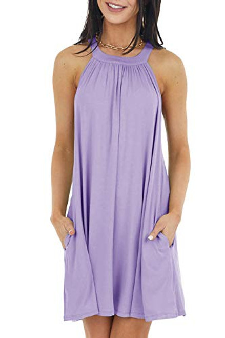 ReachMe Womens Casual Halter Neck Mini Dress Summer Sleeveless Swing Dress with Pockets -PurpleS-