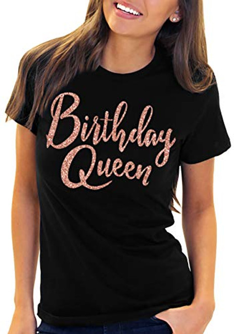 Rose Gold Birthday Shirts for Women - Rose Gold Girly Birthday Queen T-Shirt - Medium - Black Tee-Queen RsG- Blk-Med