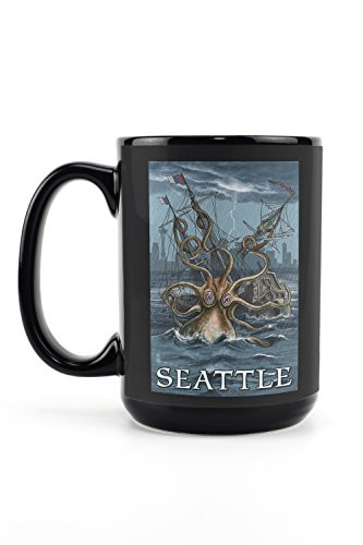 Lantern Press Seattle Washington Kraken Attacking Ship -15oz Black Ceramic Mug Dishwasher and Microwave Safe-