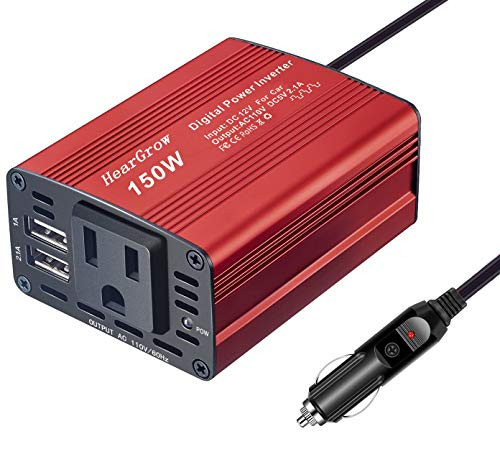 150W Car Power Inverter DC 12V to 110V AC Car Converter with 3.1A Dual USB Car Adapter-Red