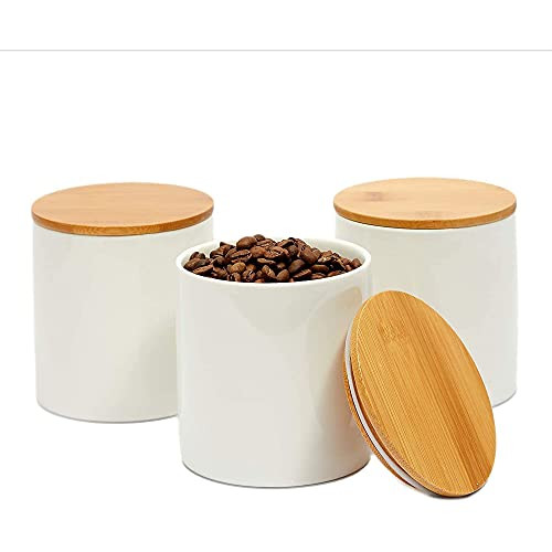 White Ceramic Kitchen Canister Set with Bamboo Lids -3.9 x 3.7 In 3 Pack-