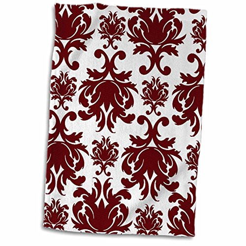 3D Rose Elegant Bold Dark Burgundy Red and White Ornate Damask Hand/Sports Towel, 15 x 22