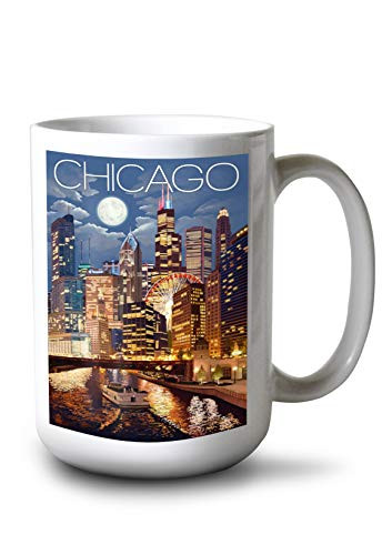Lantern Press Chicago Illinois Skyline at Night 44877 -15oz White Ceramic Mug-