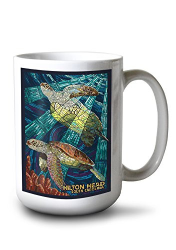 Lantern Press Hilton Head South Carolina Mosaic Sea Turtles -15oz White Ceramic Mug-