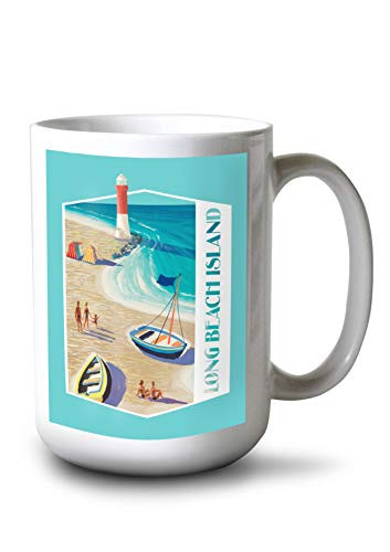 Lantern Press Long Beach Island New Jersey Vintage Beach Scene Contour 97278 -15oz White Ceramic Mug-