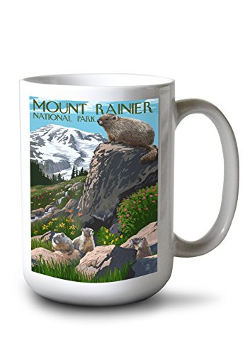 Lantern Press Mount Rainier National Park Washington Marmots 42040 -15oz White Ceramic Mug-