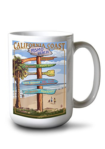 Lantern Press Pismo Beach California Destinations Sign -15oz White Ceramic Mug-