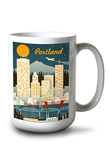 Lantern Press Portland Oregon Retro Skyline 47247 -15oz White Ceramic Mug-