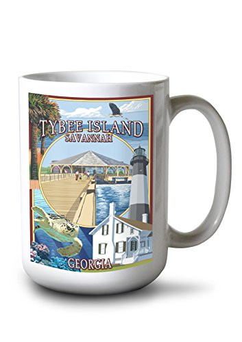 Lantern Press Savannah Georgia Tybee Island Montage -15oz White Ceramic Mug-