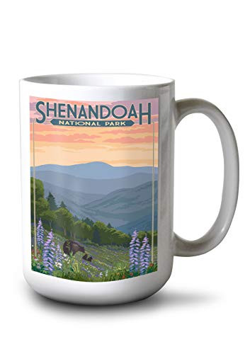 Lantern Press Shenandoah National Park Virginia Black Bear and Cubs with Flowers 42282 -15oz White Ceramic Mug-