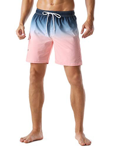 Nonwe Men's Beach Shorts Quick Dry Gradient Color Beach Vacation Surf Trunks Drawstring Blue-Pink 34