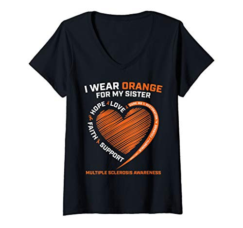 Womens I Wear Orange For My Sister MS Multiple Sclerosis Awareness V-Neck T-Shirt