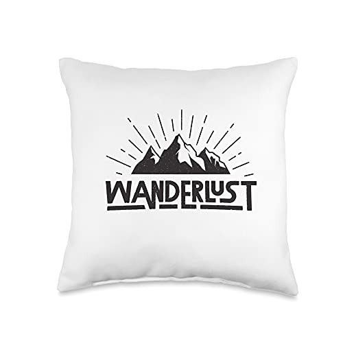 Happy Camper - Brand Wanderlust Mountain Sunrise - Adventure - Travel Throw Pillow 16x16 Multicolor