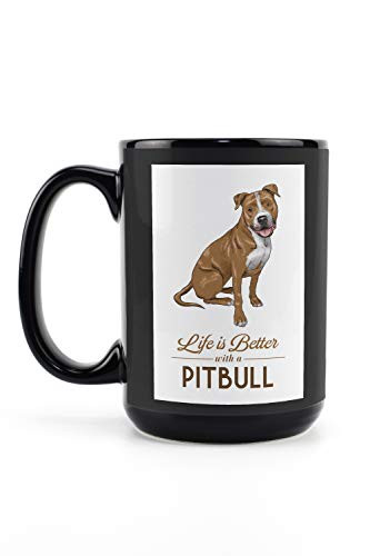 Lantern Press Pitbull Golden Life is Better White Background 86958 -15oz Black Ceramic Mug Dishwasher and Microwave Safe-