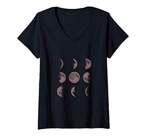 Womens Trendy Moon Phase Panel V-Neck T-Shirt