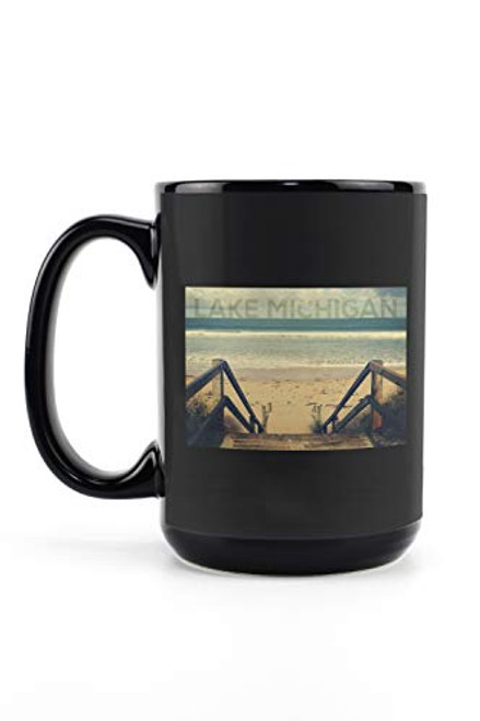 Lantern Press Lake Michigan Sandy Stairs and Beach 94395 -15oz Black Ceramic Mug Dishwasher and Microwave Safe-