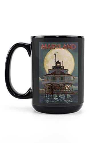 Lantern Press Chesapeake Bay Maryland Lighthouse and Full Moon 86132 -15oz Black Ceramic Mug Dishwasher and Microwave Safe-
