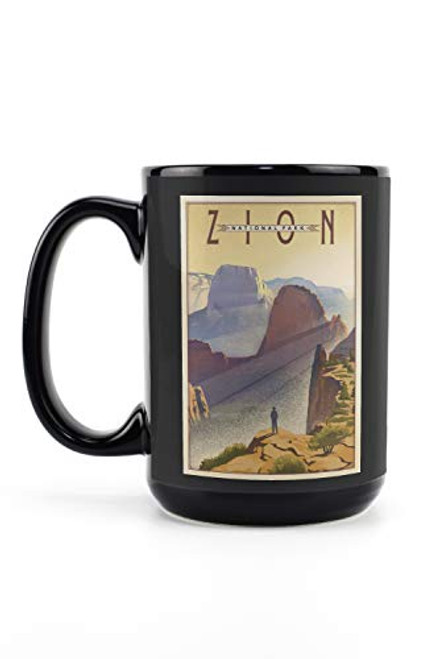 Lantern Press Zion National Park Lithograph 88693 -15oz Black Ceramic Mug Dishwasher and Microwave Safe-