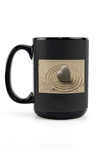 Lantern Press Heart Shaped Rock Zen Garden and Sand 9000013 -15oz Black Ceramic Mug - Dishwasher and Microwave Safe-