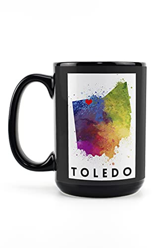 Lantern Press Toledo Ohio State Abstract Watercolor Red Heart -15oz Black Ceramic Mug Dishwasher and Microwave Safe-