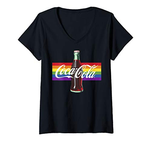 Womens Coca-Cola Pride Rainbow Panel Bottle Logo V-Neck T-Shirt