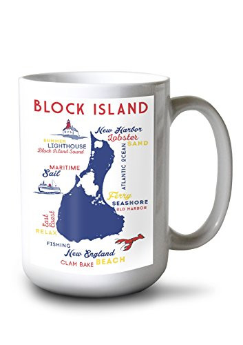 Lantern Press Block Island Rhode Island Typography and Icons -Primary Colors- -15oz White Ceramic Mug-