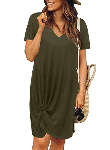 ROSKIKI Womens Solid Casual Loose Dress Beach Short Sleeve V-Neck Summer Front Twist Knot T Shirt Dress Green Medium