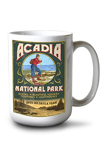 Lantern Press Acadia National Park Maine Vintage Hiker Sign -15oz White Ceramic Mug-