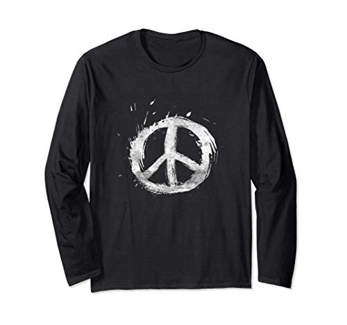 Retro Peace Sign White Paint Splatter Design Hippie Boho Long Sleeve T-Shirt