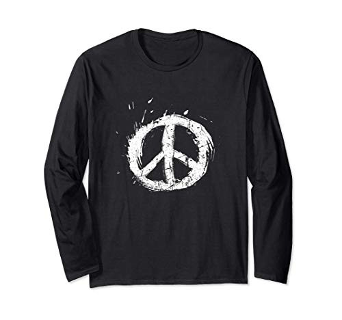 Paint Splatter White Peace Sign Retro Hippie Boho Distressed Long Sleeve T-Shirt