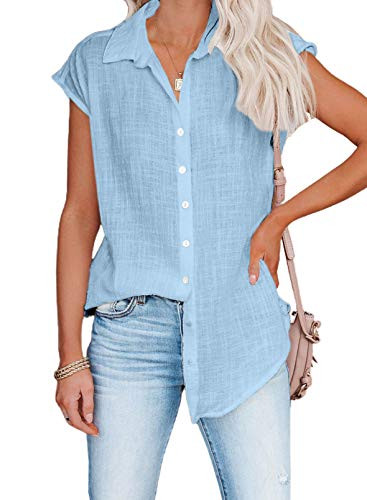 Dokotoo Blouses for Women Summer Short Sleeve Casual V Neck Solid Color Womens Blouses  and  Button-Down Shirts Business Fashion Chiffon Shirts and Tops Sky Blue X-Large