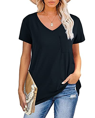 Haloumoning Womens Short Sleeve V Neck Loose Casual Pocket Basic Tee T-Shirts Black