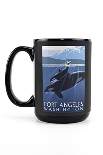 Lantern Press Port Angeles Washington Orca and Calf -15oz Black Ceramic Mug Dishwasher and Microwave Safe-