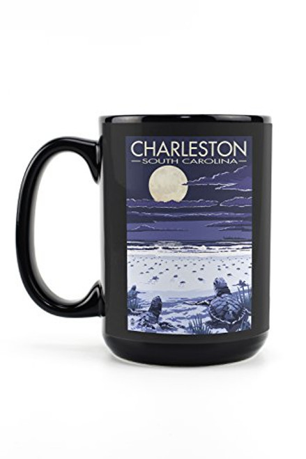 Lantern Press Charleston South Carolina Baby Sea Turtles -15oz Black Ceramic Mug Dishwasher and Microwave Safe-