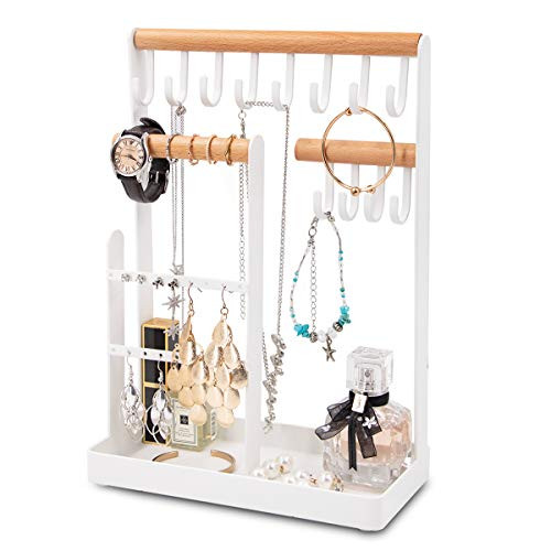 Jewelry Organizer Jewelry Stand Necklace Organizer with Wooden Ring Tray and Hooks Storage Necklaces Earring Bracelets Rings Glasses and Watches on Desk Tabletop Metal and Wood White Jewelry Organizer Jewelry Stand Necklace Organizer with Wooden Ring Tray and Hooks Storage Necklaces Earring Bracelets Rings Glasses and Watches on Desk Tabletop Metal and Wood White