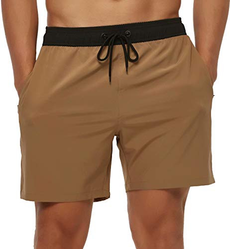 Tyhengta Mens Stretch Swim Trunks Quick Dry Beach Shorts with Zipper Pockets and Mesh Lining Khaki 34