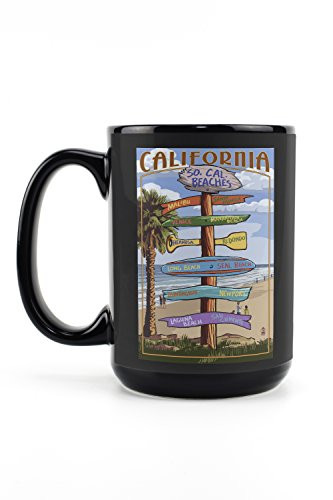 Lantern Press Southern California Beaches Destinations Sign 43343 -15oz Black Ceramic Mug Dishwasher and Microwave Safe-