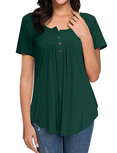 HAOMEILI Women's Casual Henley V-Neck Button up Tunic Tops Loose Short Sleeve Tee Shirt Blouse Dark Green XL