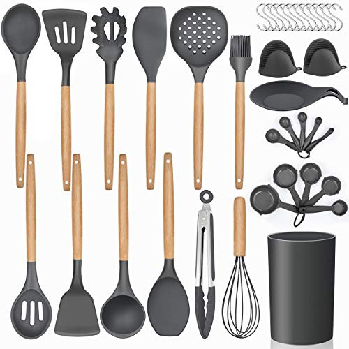 LIANYU 38 Pcs Kitchen Cooking Utensils Set with Holder Heat Resistant Silicone Kitchen Utensil Spatula Set Kitchen Gadgets Tools Set for nonstick Cookware Set Wooden Handle Grey