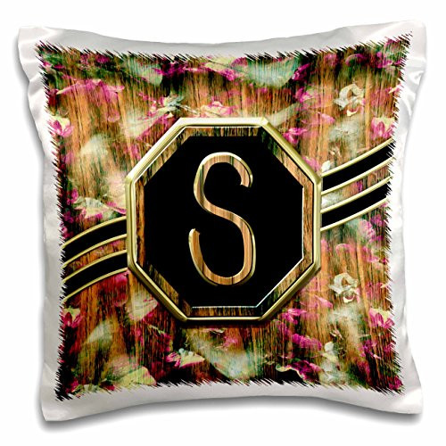 3dRose Elegant Pink Camouflage Monogram Letter W Faux Gold Wood Grain Image Pillow Case 16 x 16 White