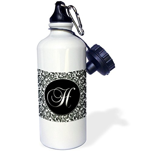 3dRose "Letter H Black and White Damask" Sports Water Bottle 21 oz White
