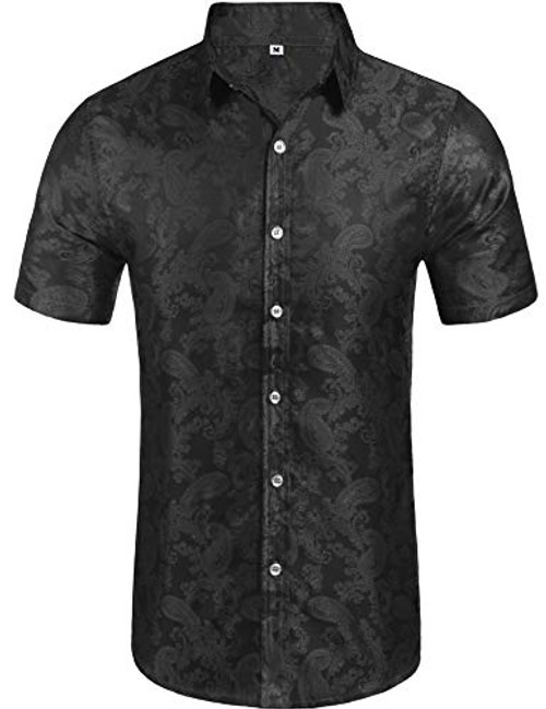 Daupanzees Mens Paisley Fashion Short Sleeve Street Wear Designer Polyester African Dashiki Luxury Print Button Up Casual Shirts -Black M- Daupanzees Mens Paisley Fashion Short Sleeve Street Wear Designer Polyester African Dashiki Luxury Print Button Up Casual Shirts -Black M-